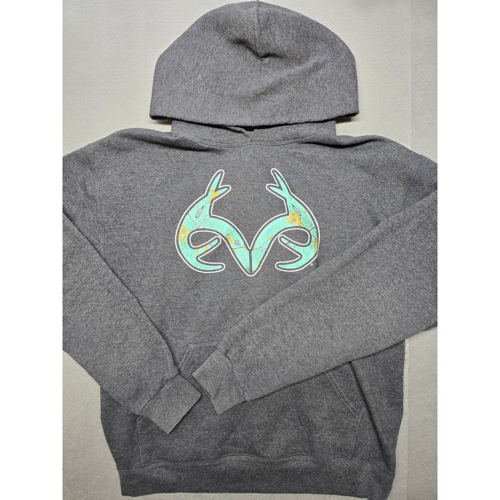 Jerzees NuBlend Realtree Graphic Hoodie Gray Teal Antler Logo Mens Medium